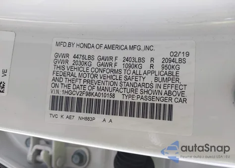 2019 Honda Accord Touring 2.0T z USA, uszkodzony, nr VIN 1HGCV2F98KA010158